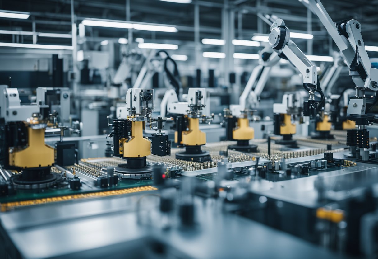 Several advanced PCB assembly machines and robotic arms work seamlessly in a state-of-the-art manufacturing facility