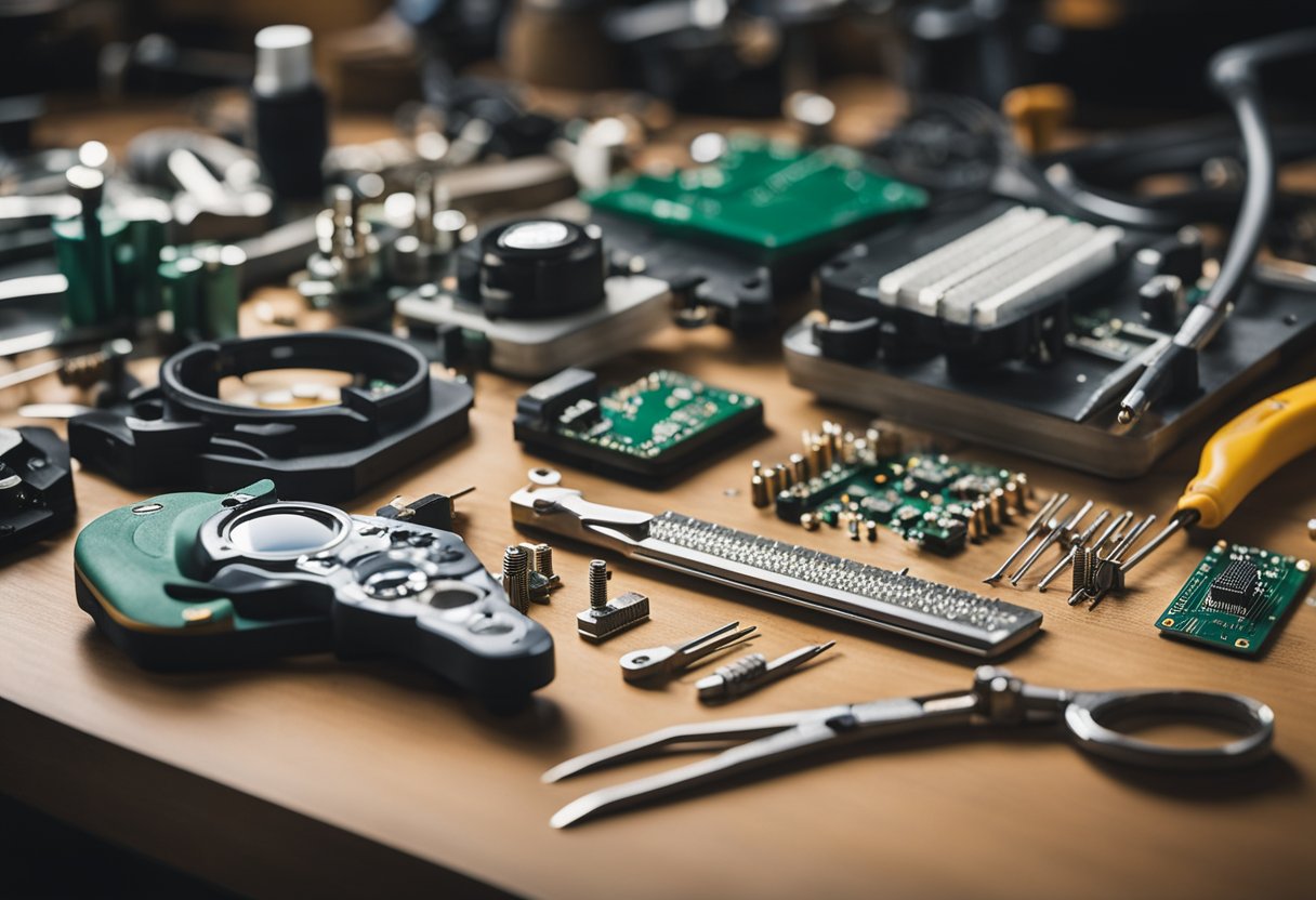 Tools lay scattered on a workbench: soldering iron, tweezers, wire cutters, and a magnifying glass. A circuit board awaits assembly