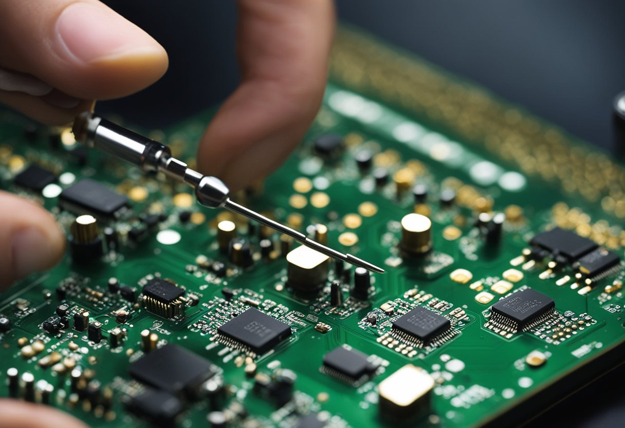 Circuit board components are being carefully arranged and soldered onto a PCB, with a soldering iron and magnifying glass nearby