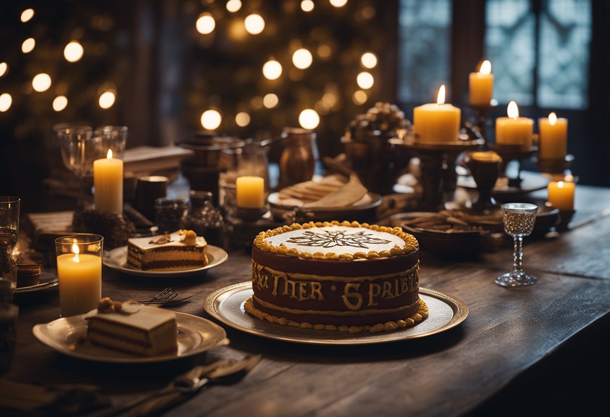 A table adorned with wizarding decorations, a cake with Harry Potter's glasses and lightning bolt scar, surrounded by friends quoting memorable lines from the series