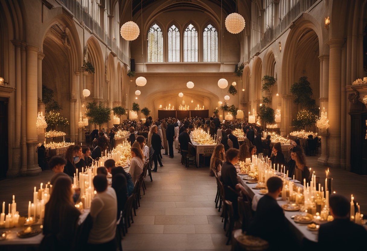 Colorful banners and floating candles adorn a grand hall, while friends gather around a table filled with magical treats, quoting Harry Potter in celebration