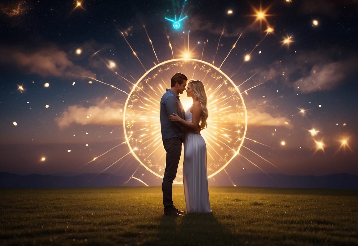 A couple embraces, surrounded by glowing symbols of love and connection, while the number 2121 hovers in the air, radiating manifestation energy