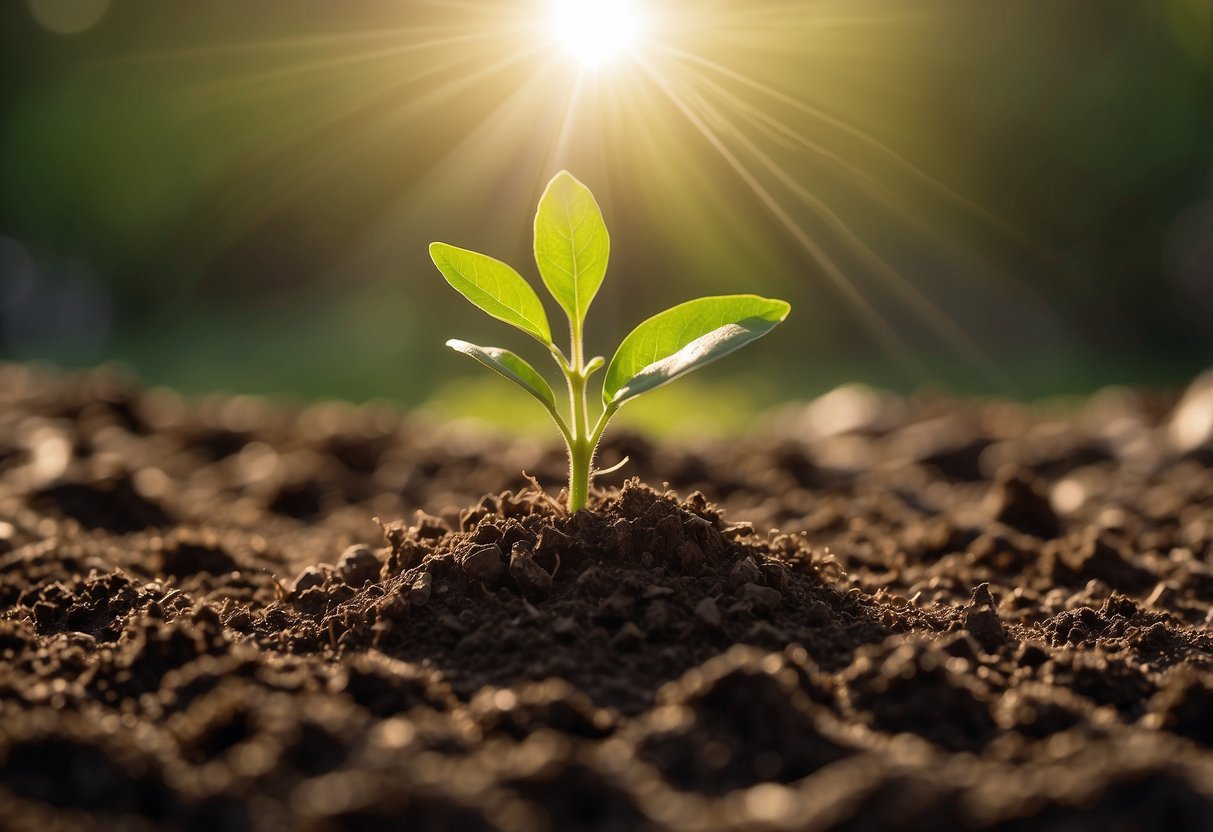 A seedling breaking through the soil, reaching towards the sunlight, surrounded by symbols of growth and manifestation