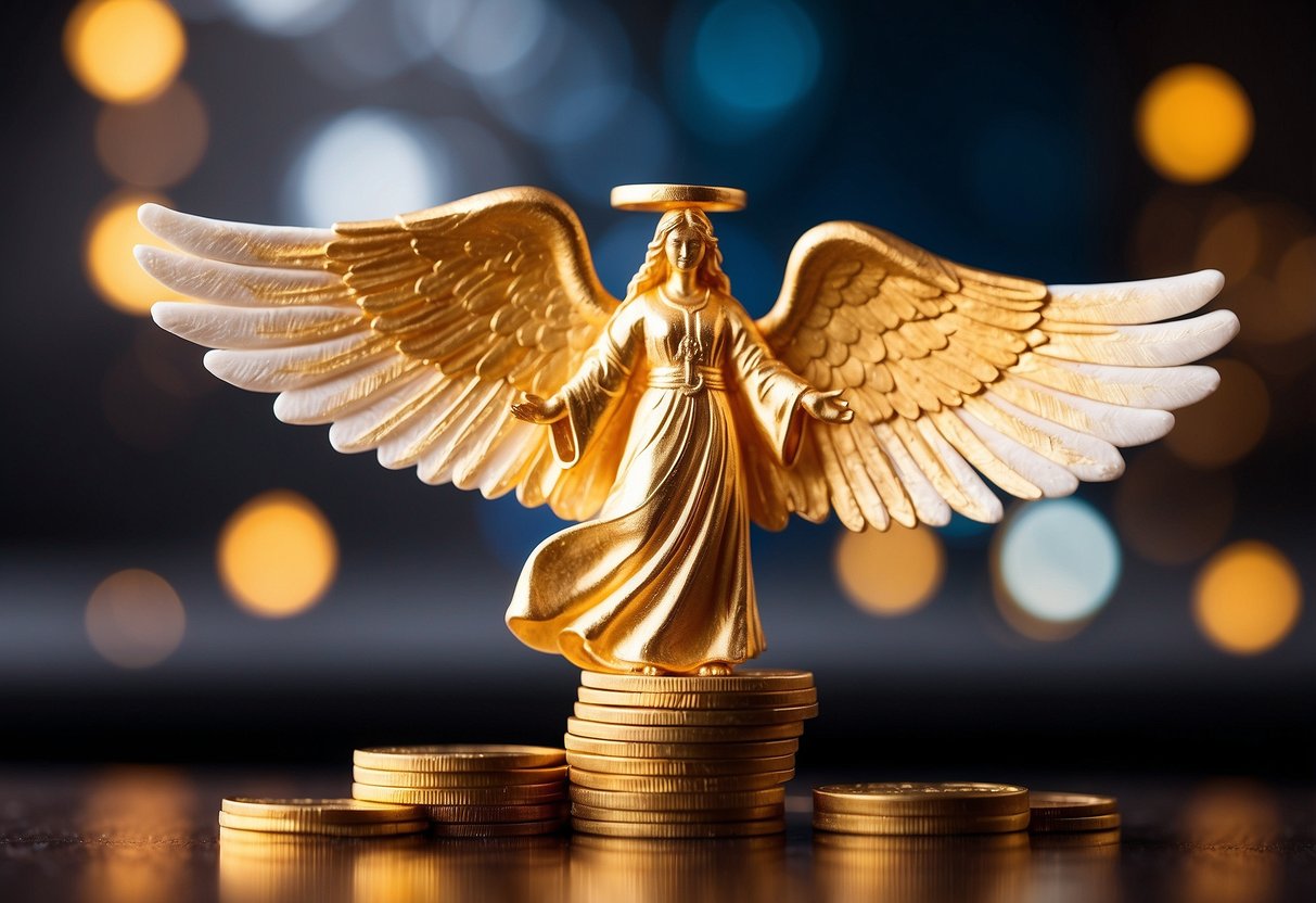 A glowing angelic figure hovers above a stack of golden coins, radiating a sense of guidance and abundance. The number 2121 shines brightly in the background, symbolizing manifestation and financial insight