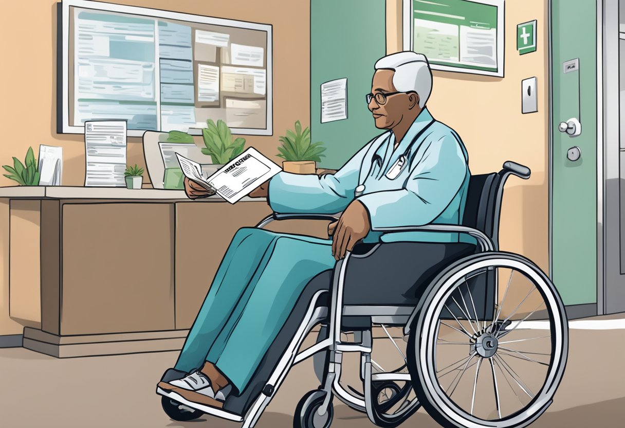 A person in a wheelchair receiving a Medicare card from a healthcare provider