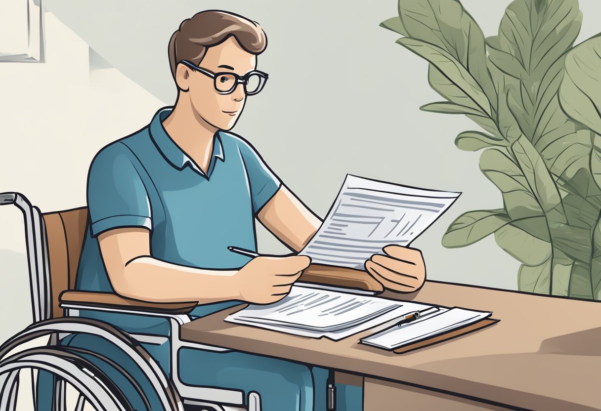A person filling out paperwork for wheelchair Medicare coverage