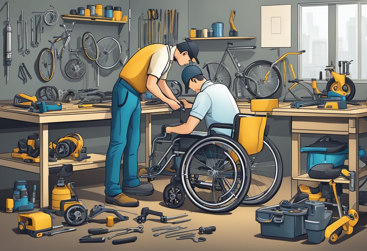 A wheelchair being serviced with tools and replacement parts scattered on a workbench, a technician examining the wheels and frame