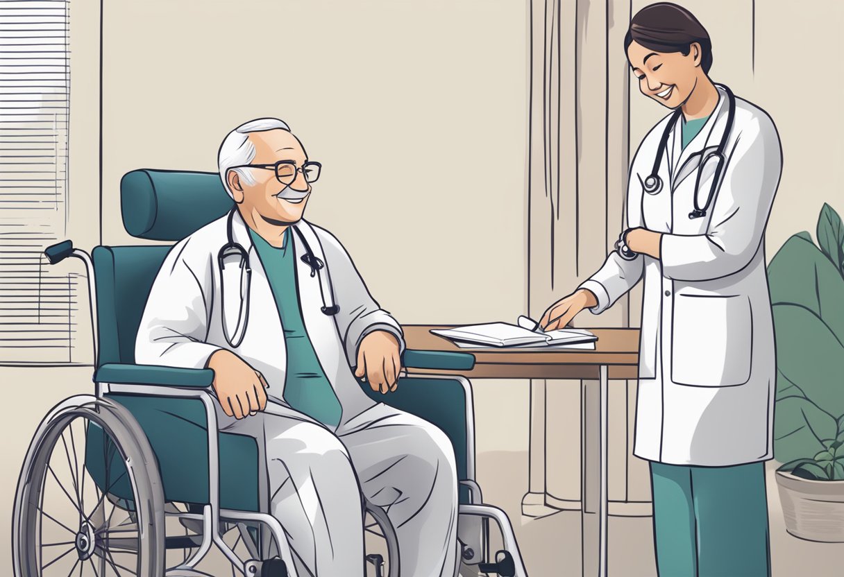 A person in a wheelchair receiving a positive Medicare decision, with a smiling healthcare provider nearby