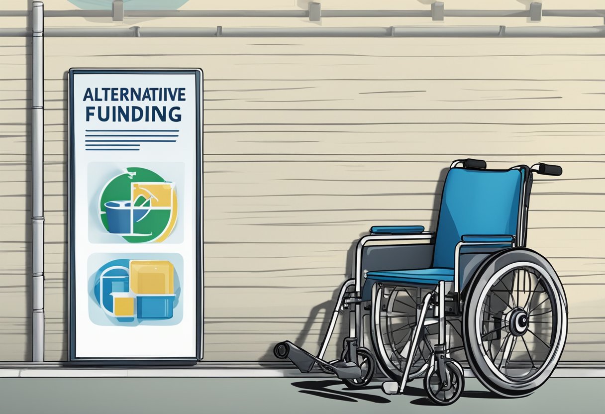 A wheel chair sits next to a sign for "Alternative Funding and Resources" with a Medicare logo