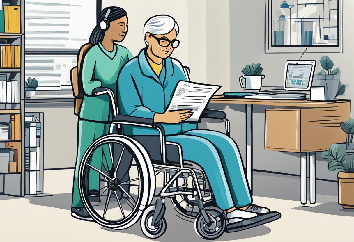 A wheelchair with a Medicare logo on the side, surrounded by paperwork and a person on the phone with a healthcare provider