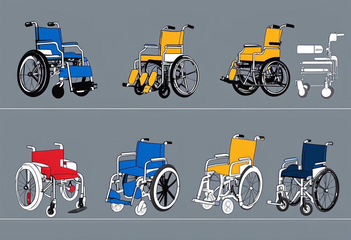 Various wheelchairs in a row, including manual and electric models, with a Medicare logo displayed prominently