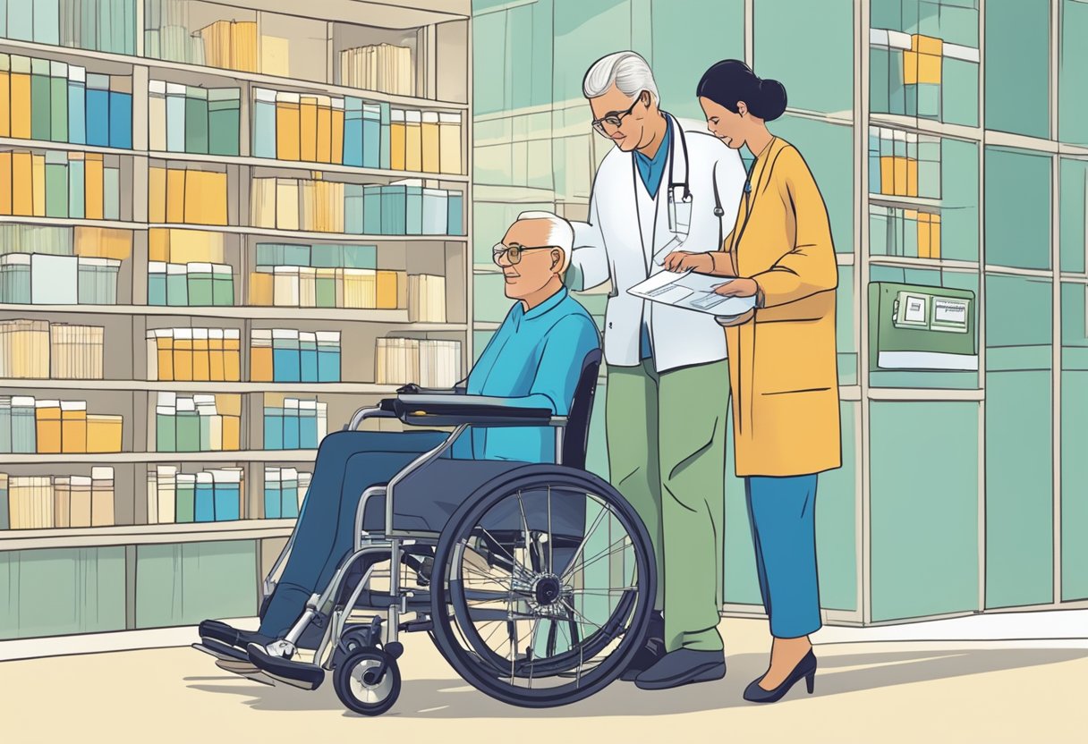 A person in a wheelchair, with a Medicare card, receiving a wheelchair from a medical supplier