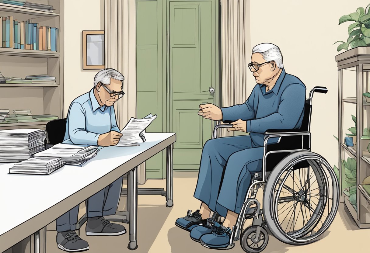 A person submits paperwork to appeal a denied Medicare claim for a wheelchair