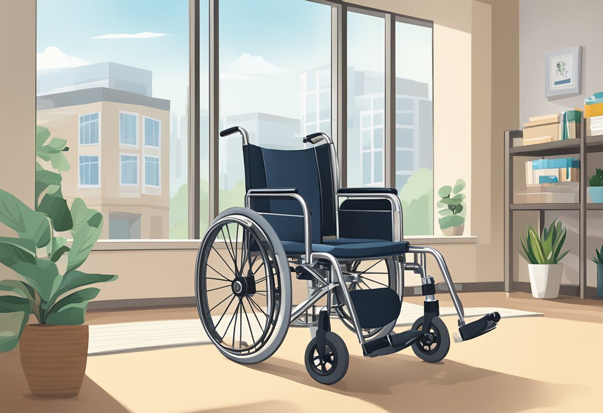 A wheelchair sitting in a bright, spacious room with a large window, surrounded by helpful resources such as brochures, phone numbers, and informational pamphlets about Medicare coverage