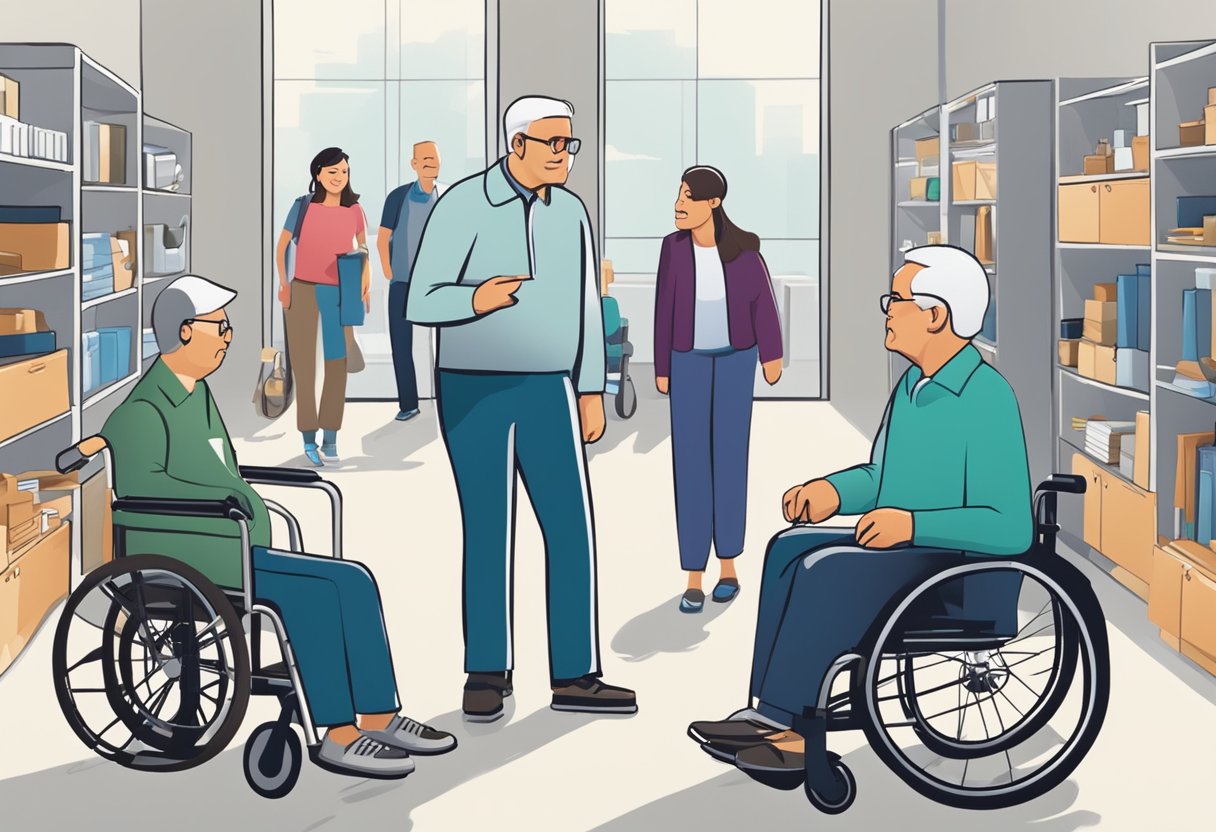 A person inquiring about wheelchair options, surrounded by various wheelchair models and speaking with a Medicare representative