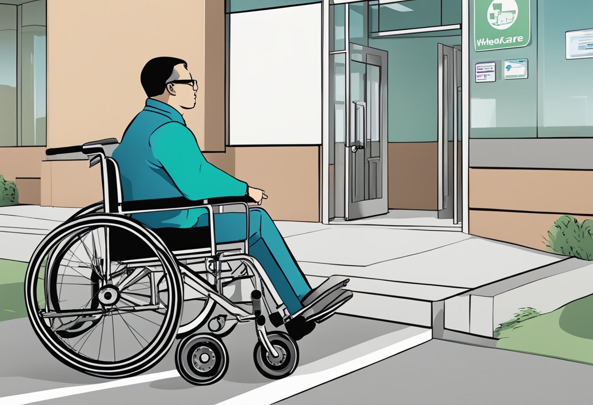 A person in a wheelchair, using a ramp to enter a medical facility, with a sign indicating "Medicare Coverage for Wheelchairs."