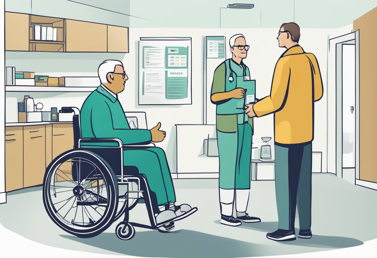 A person in a wheelchair, with a Medicare Part B card in hand, talking to a healthcare provider about coverage for a new wheelchair