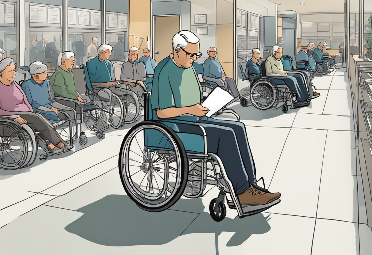 A person in a wheelchair filling out Medicare paperwork with a variety of portable wheelchairs in the background