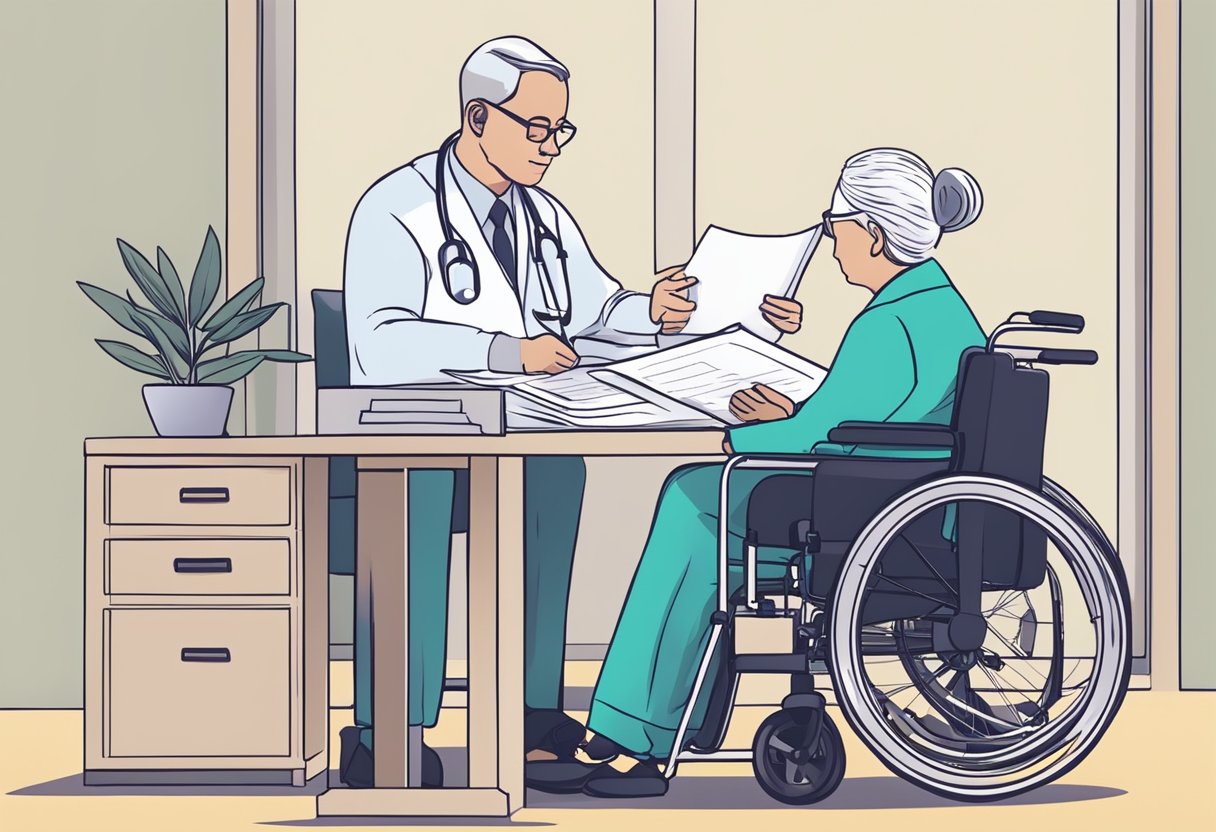 A person fills out paperwork, submits medical records, and consults with a healthcare provider to obtain a wheelchair covered by Medicare