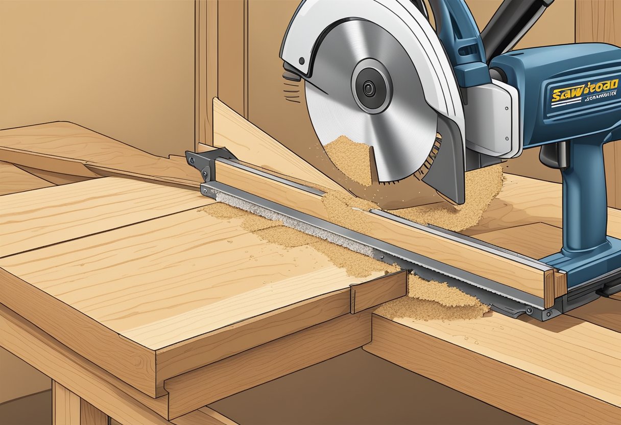 Miter saw blade veers off marked line, wood splinters. Table may be misaligned or blade dull. Sawdust piles up 