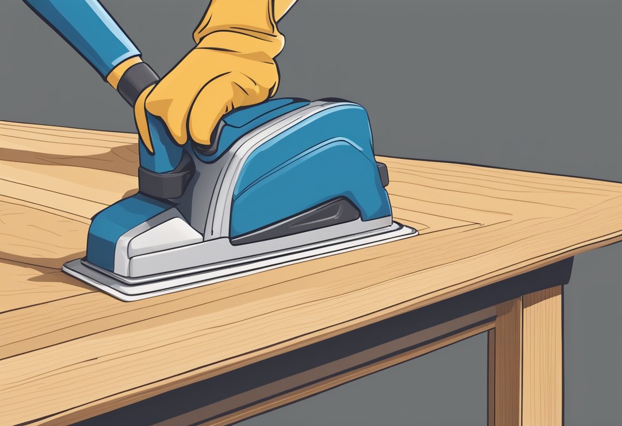 Wood being carefully sanded with a fine-grit sandpaper, creating smooth and uniform surface. Dust is being wiped away with a clean cloth