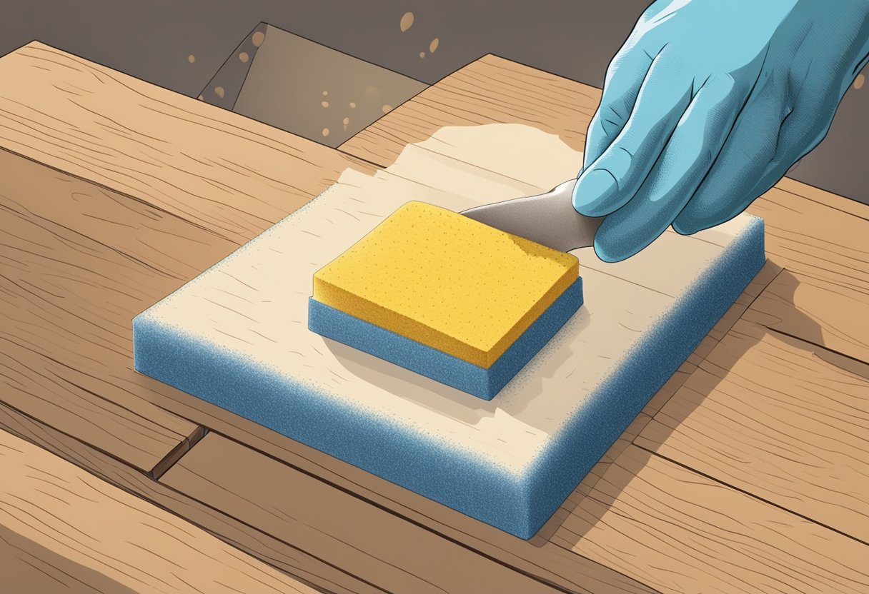 A hand reaches for a fine-grit sanding sponge, smoothing out wood surface to prevent sander marks. Dust particles float in the air