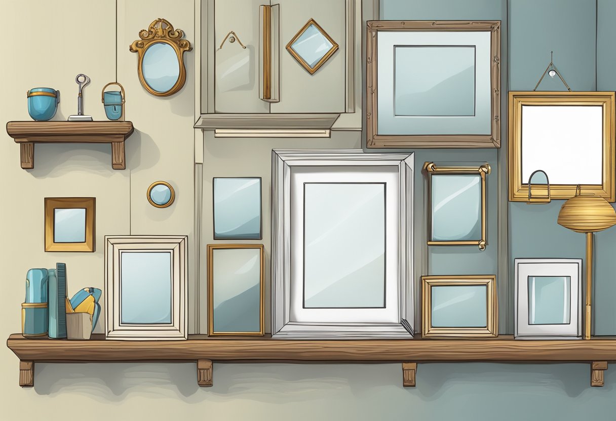 Objects hang from plaster walls: picture frames, mirrors, shelves. A hammer and nails sit nearby