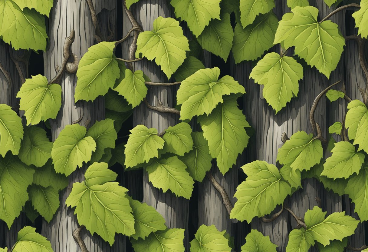 Lush green poplar leaves contrast with the rugged, dark oak bark