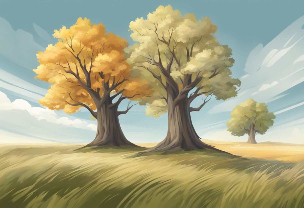 Two trees stand side by side. The poplar has smooth, light-colored bark, while the oak has rough, dark bark. Their leaves and branches sway in the wind