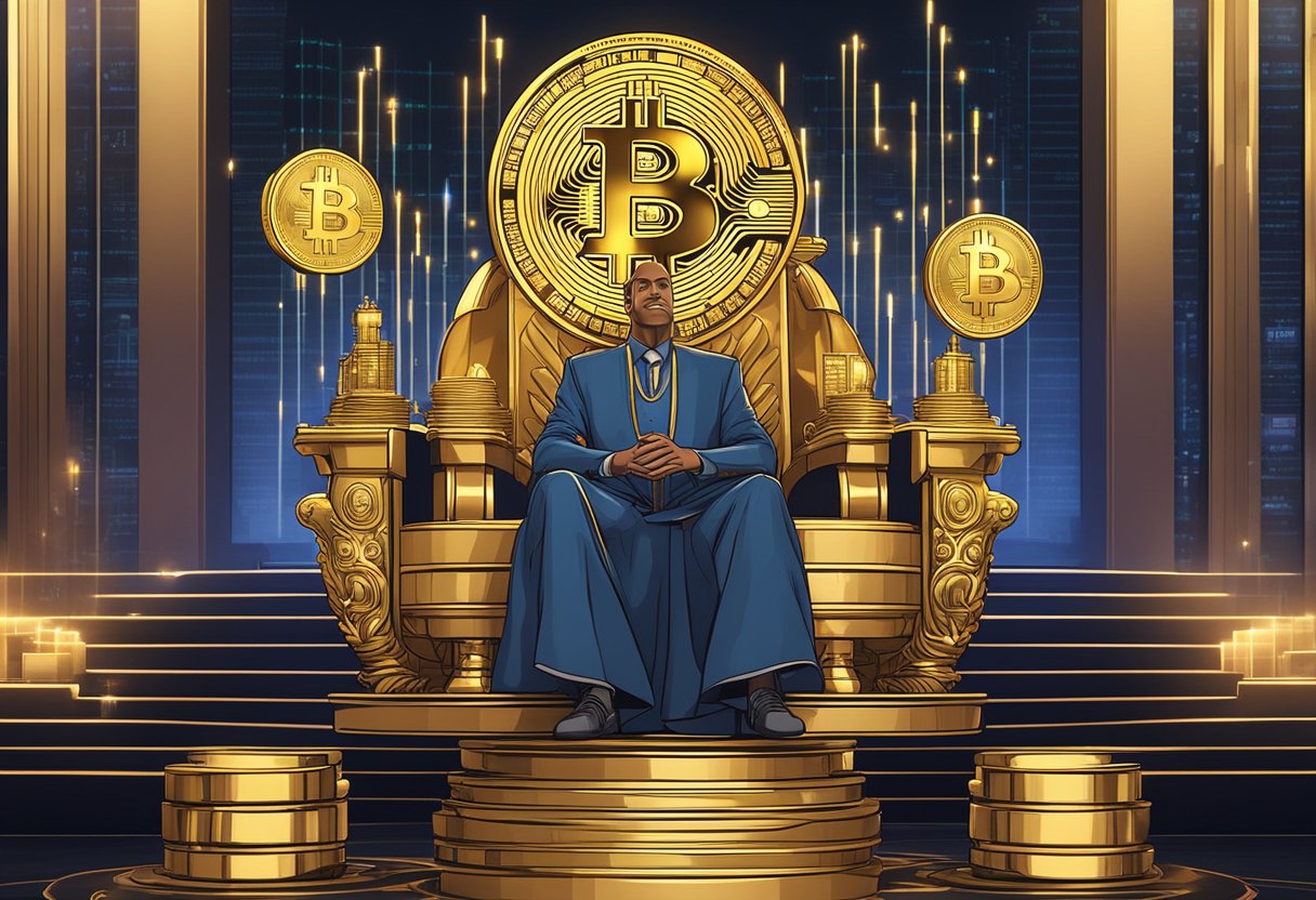 A stack of golden Bitcoins sits atop a regal throne, surrounded by glowing digital screens displaying financial charts and data