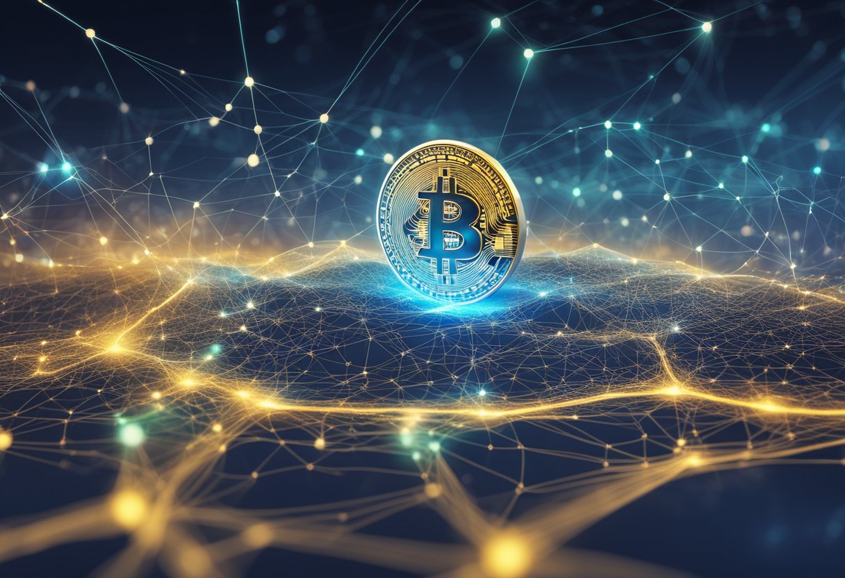 A glowing Bitcoin symbol hovers above a digital landscape, surrounded by a network of interconnected nodes and data streams