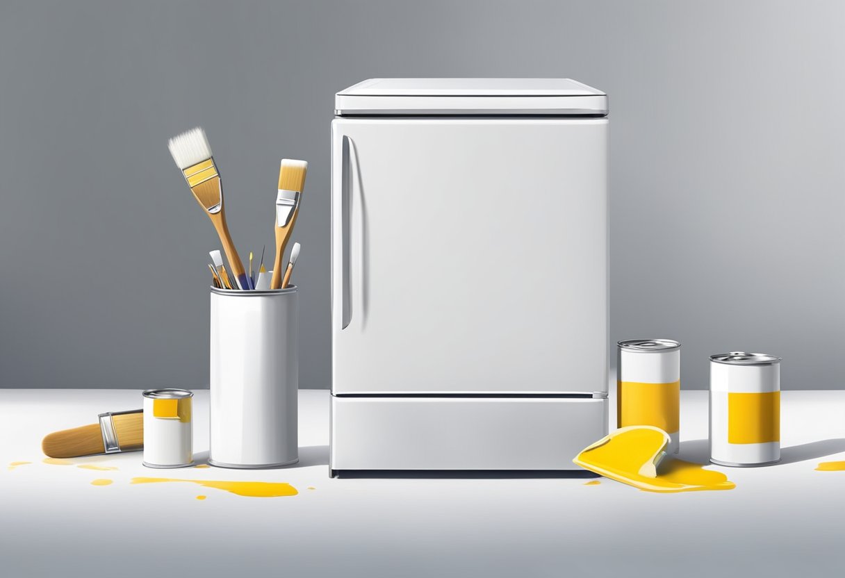 A paintbrush glides over the surface of a fridge, applying a fresh coat of white paint. The fridge stands against a blank wall, with paint cans and brushes scattered on the floor