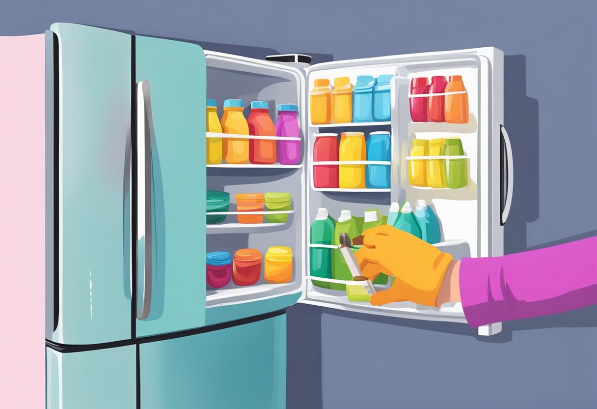 A hand with a paintbrush adds final details to a colorful, freshly painted fridge. Bright colors and smooth strokes bring the appliance to life