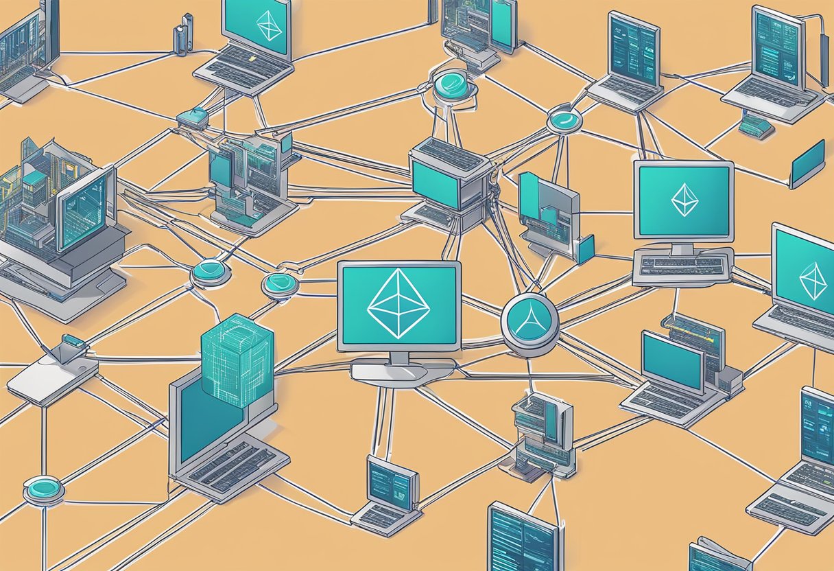 A computer screen displaying Ethereum network transactions and smart contracts in action. Various nodes and connections illustrate the decentralized nature of the platform