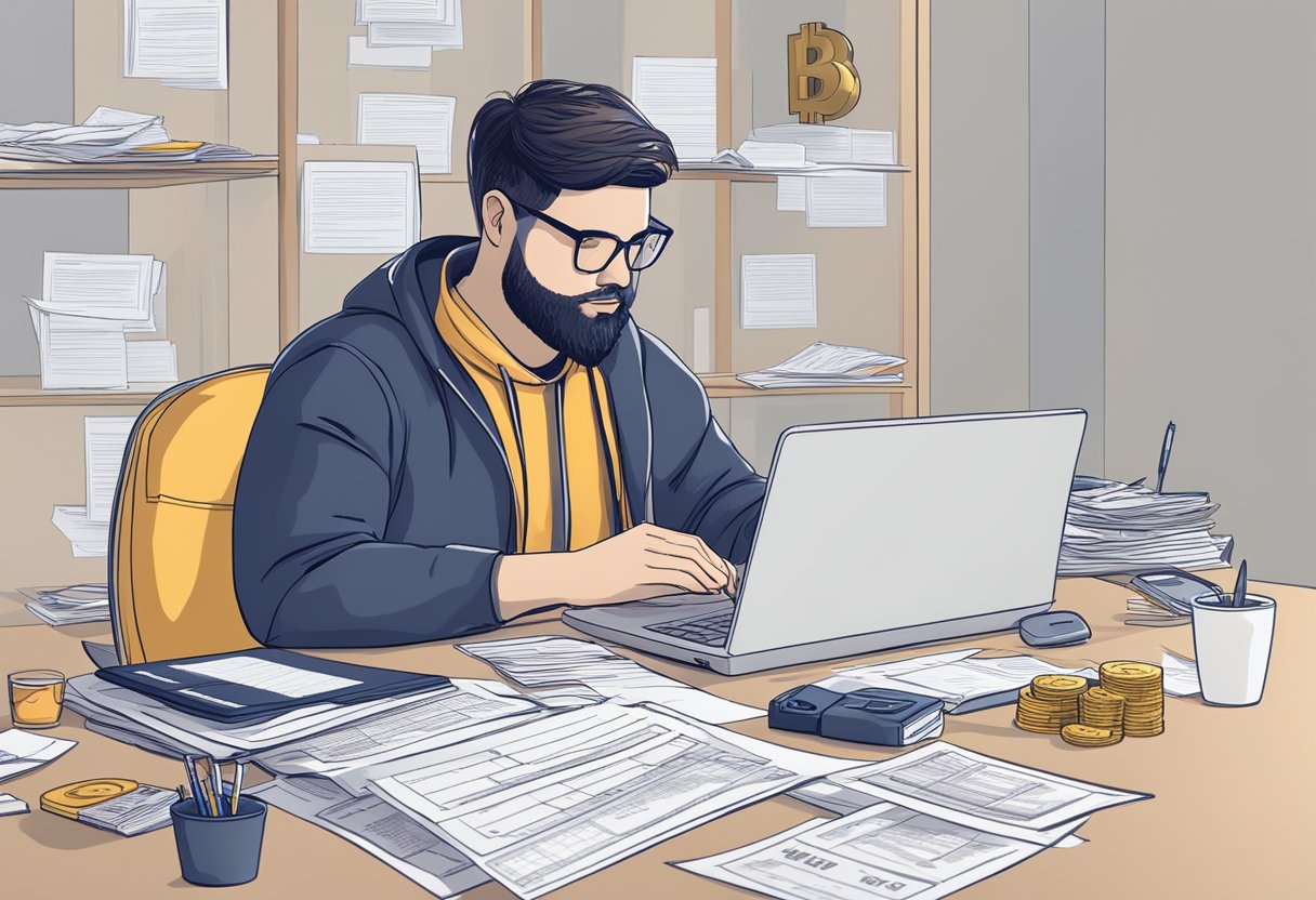 A person sitting at a desk with a computer, surrounded by tax forms and cryptocurrency transaction records. They are filling out a tax form with a focus on reporting cryptocurrency earnings