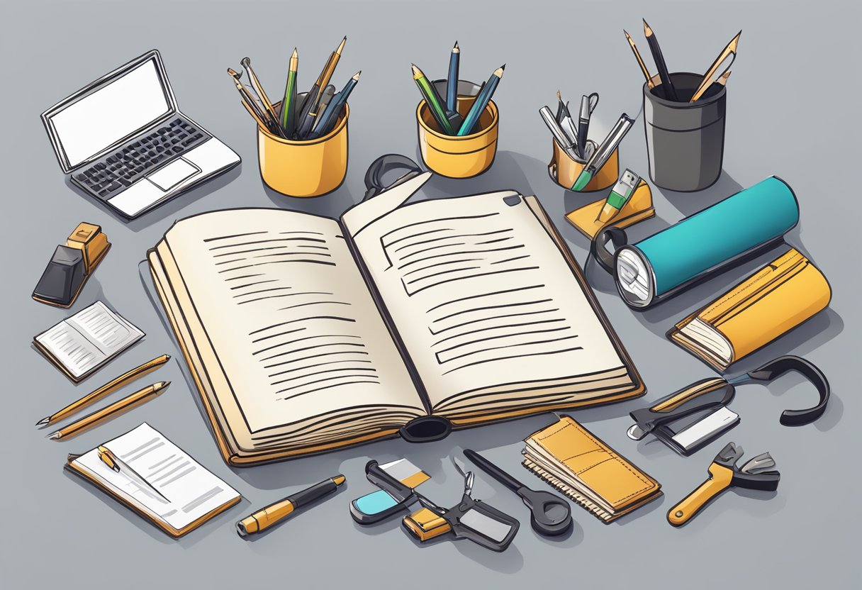 An open book on a desk, surrounded by various tools and resources for talent acquisition, development, training, and talent management
