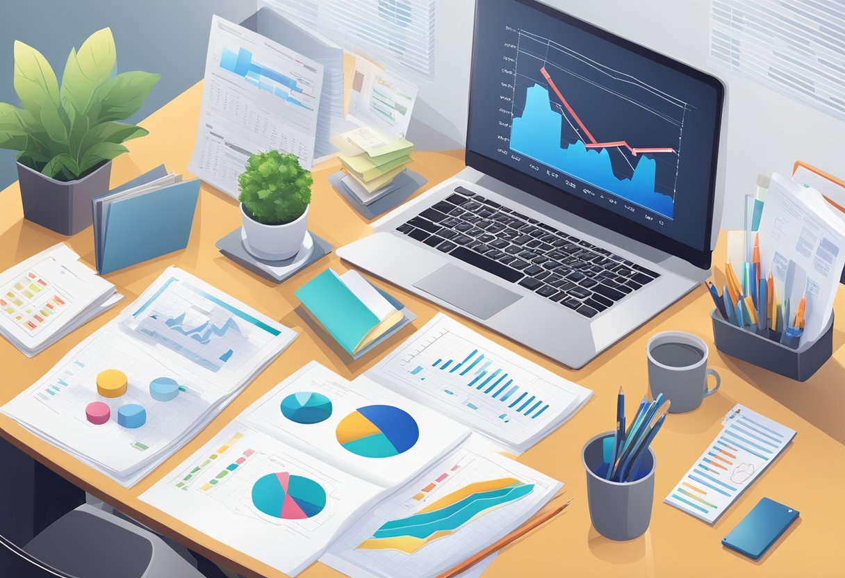 An office desk with a computer, training materials, and performance management documents. Talent development charts and graphs on the wall