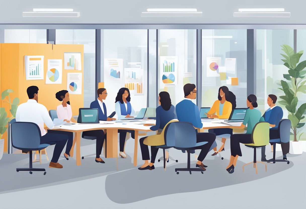 Employees engaged in talent management practices, participating in training and development sessions, and being guided through talent management processes