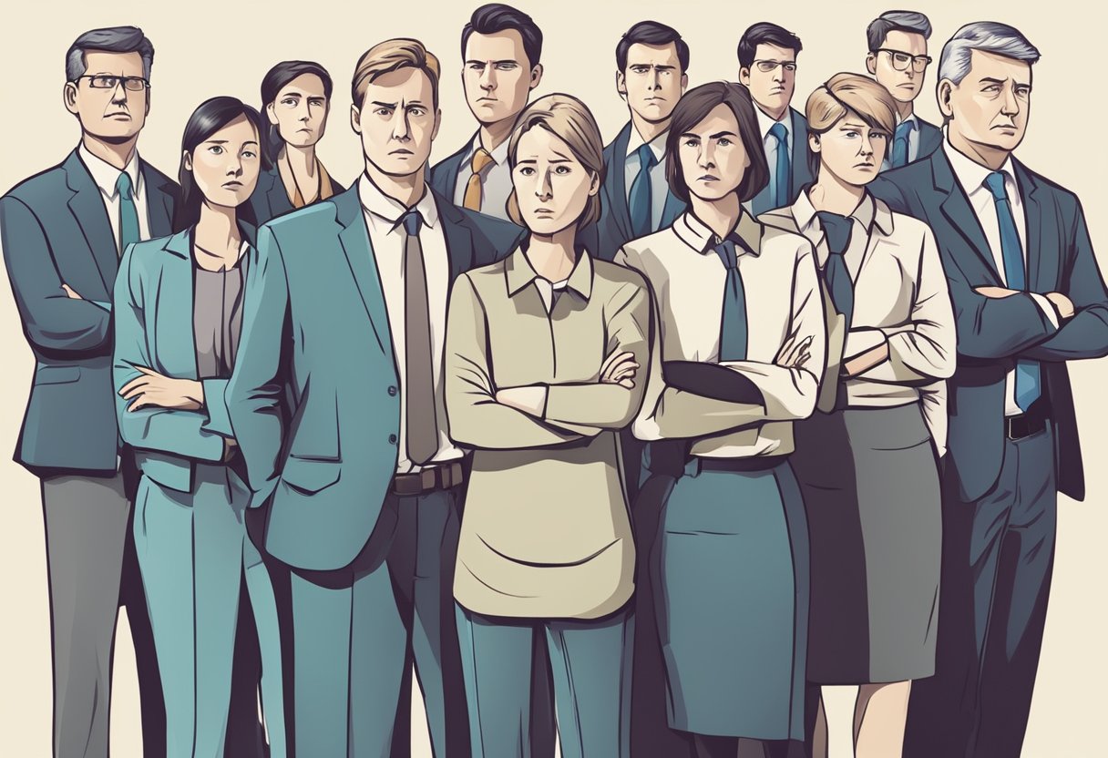 A group of employees standing idle, looking confused and frustrated as they struggle to make decisions without proper guidance or leadership