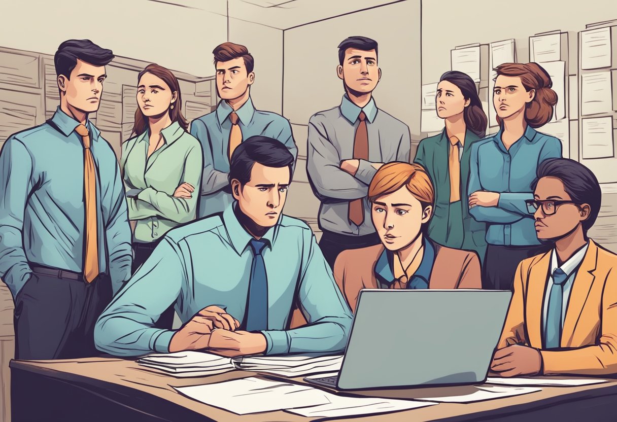 A group of employees looks confused and frustrated as they struggle to meet deadlines and resolve conflicts without proper guidance or support from their untrained managers