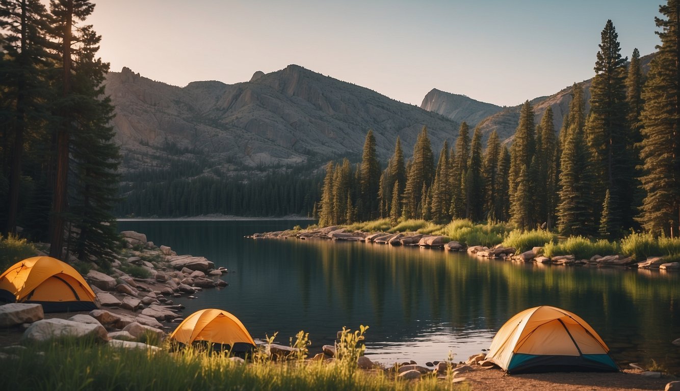 A campsite at Watson Lake with tents, a crackling campfire, and a serene lake surrounded by lush green trees and mountains in the background