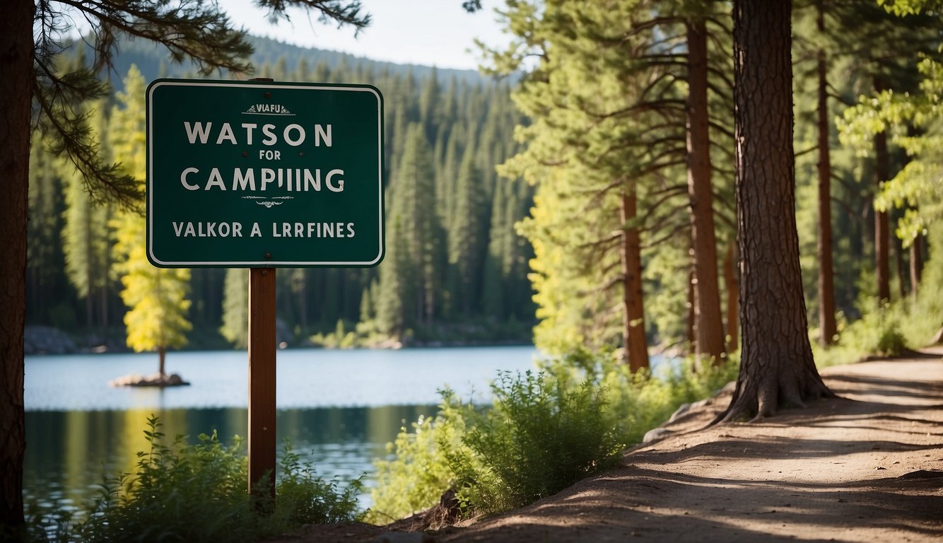 The park sign displays rules and regulations for Watson Lake camping, surrounded by lush trees and a calm lake in the background