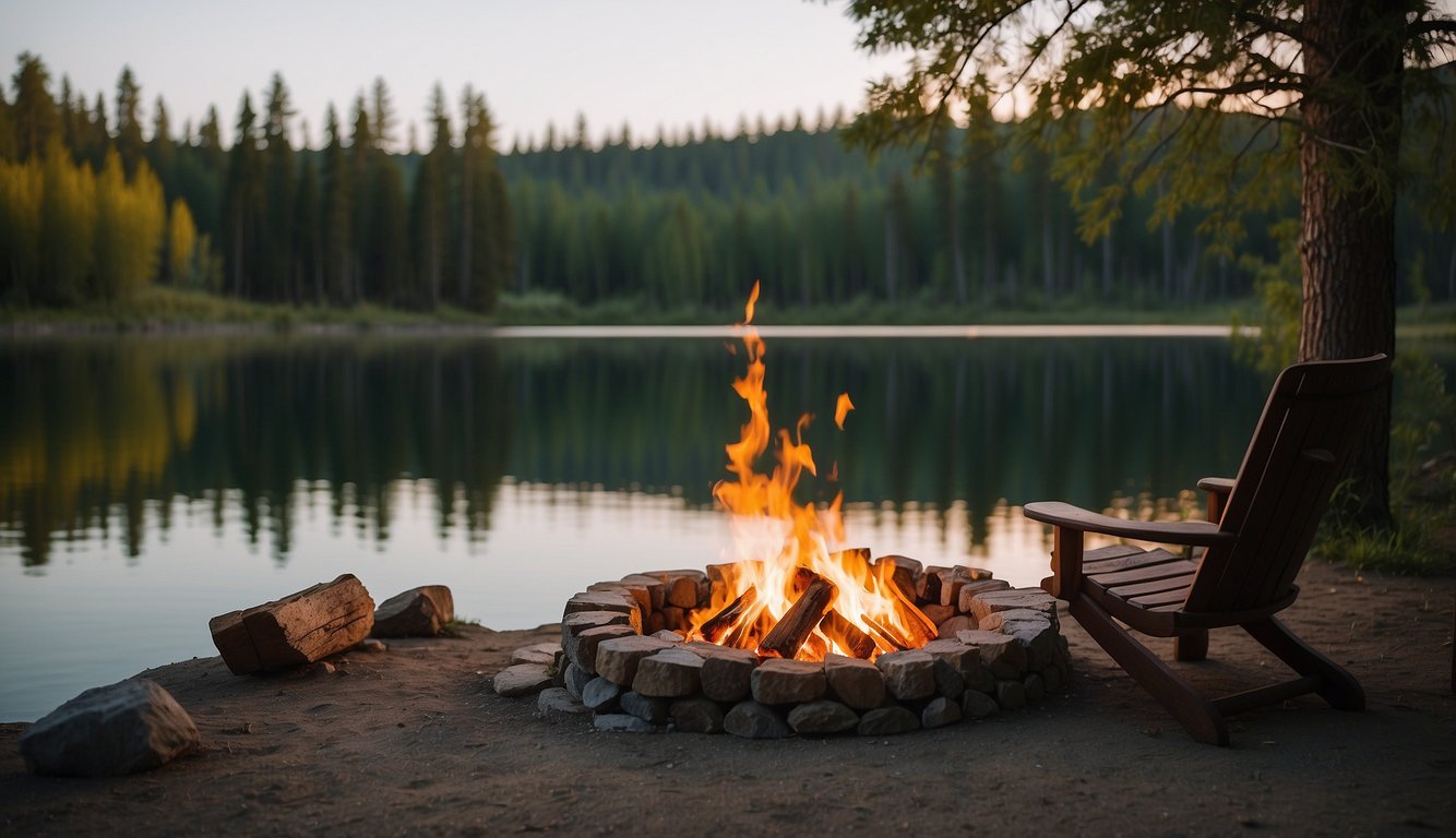 A cozy campfire crackles beside a tranquil lake, surrounded by lush green trees and spacious camping sites in Warm Lake, Idaho