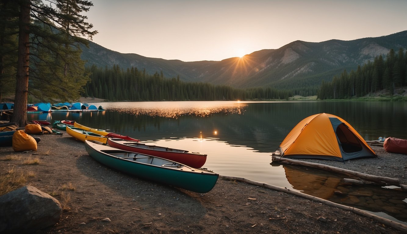 A campsite by a tranquil lake in Idaho, with tents set up and a bonfire surrounded by camping chairs. Canoes and kayaks are lined up on the shore, ready for use