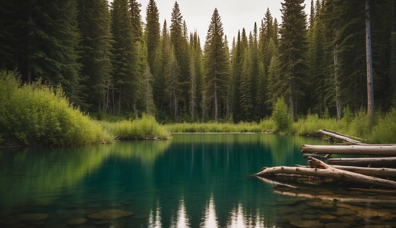 Lush green forest surrounds a pristine, warm lake in Idaho. A campsite is nestled among the trees, with a focus on conservation and the local ecosystem