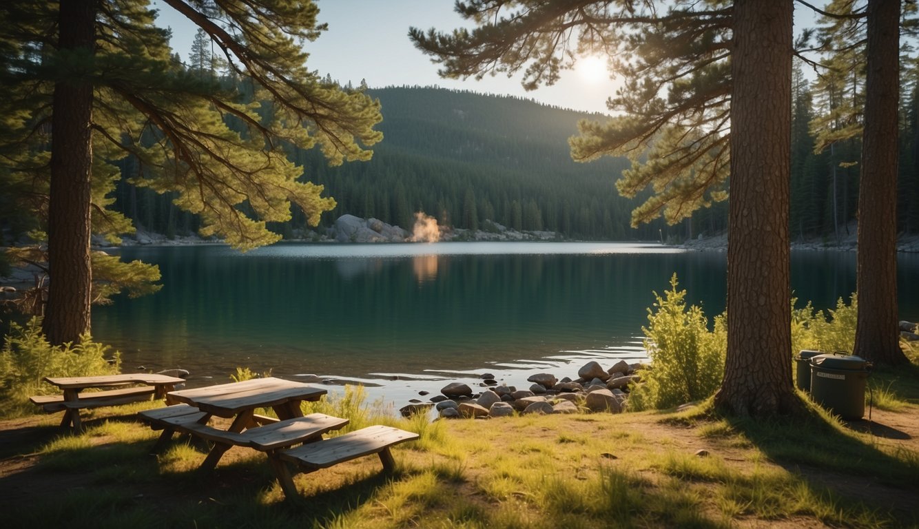 A serene lake surrounded by lush green trees and a campsite with tents and a bonfire, with a sign reading "Frequently Asked Questions: Warm Lake Idaho Camping."