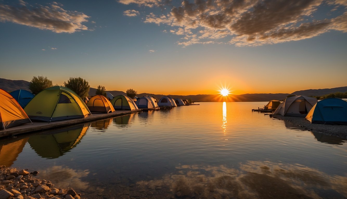 The sun sets over Lake McConaughy, casting a warm glow on the campsite. Tents are pitched near the water, with a crackling campfire and a few people relaxing nearby