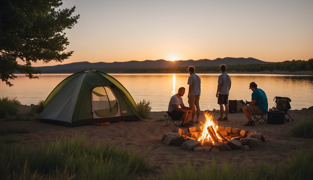 Campers setting up tents and building bonfires by the calm waters of Lake McConaughy, surrounded by lush greenery and the beautiful sunset