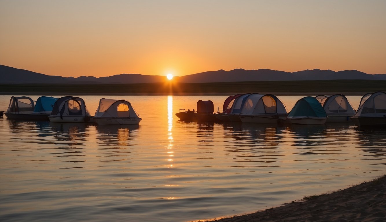 The sun sets over the calm waters of Lake McConaughy, casting a warm glow on the sandy shore lined with tents and campfires. Boats drift lazily in the distance, as families enjoy the peaceful serenity of the lake