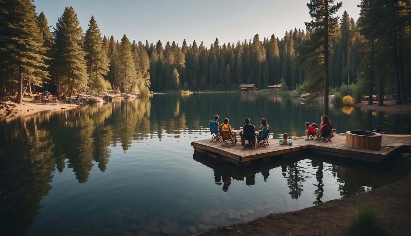A serene lake with a campground nestled among tall trees, with families gathered around campfires and children playing by the water's edge